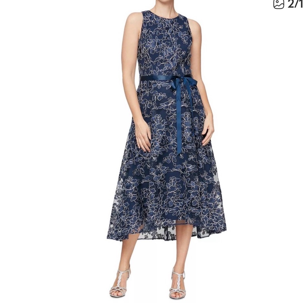 Alex Evenings Navy Blue Floral Midi Dress with Satin Belt